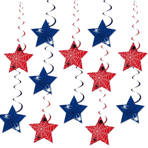 Image of 12pcs Spider Web Hanging Swirl Party Supplies,Halloween Spider Party Decoration,Blue and Red Party Swirls,Suitable for Baby Shower Decoration Supplies