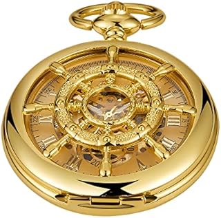 Tiong No Battery Black Style Mechanical Pocket Watch, Vintage Mechanical Pocket Watches Roman Numerals with Case and Chain for Men