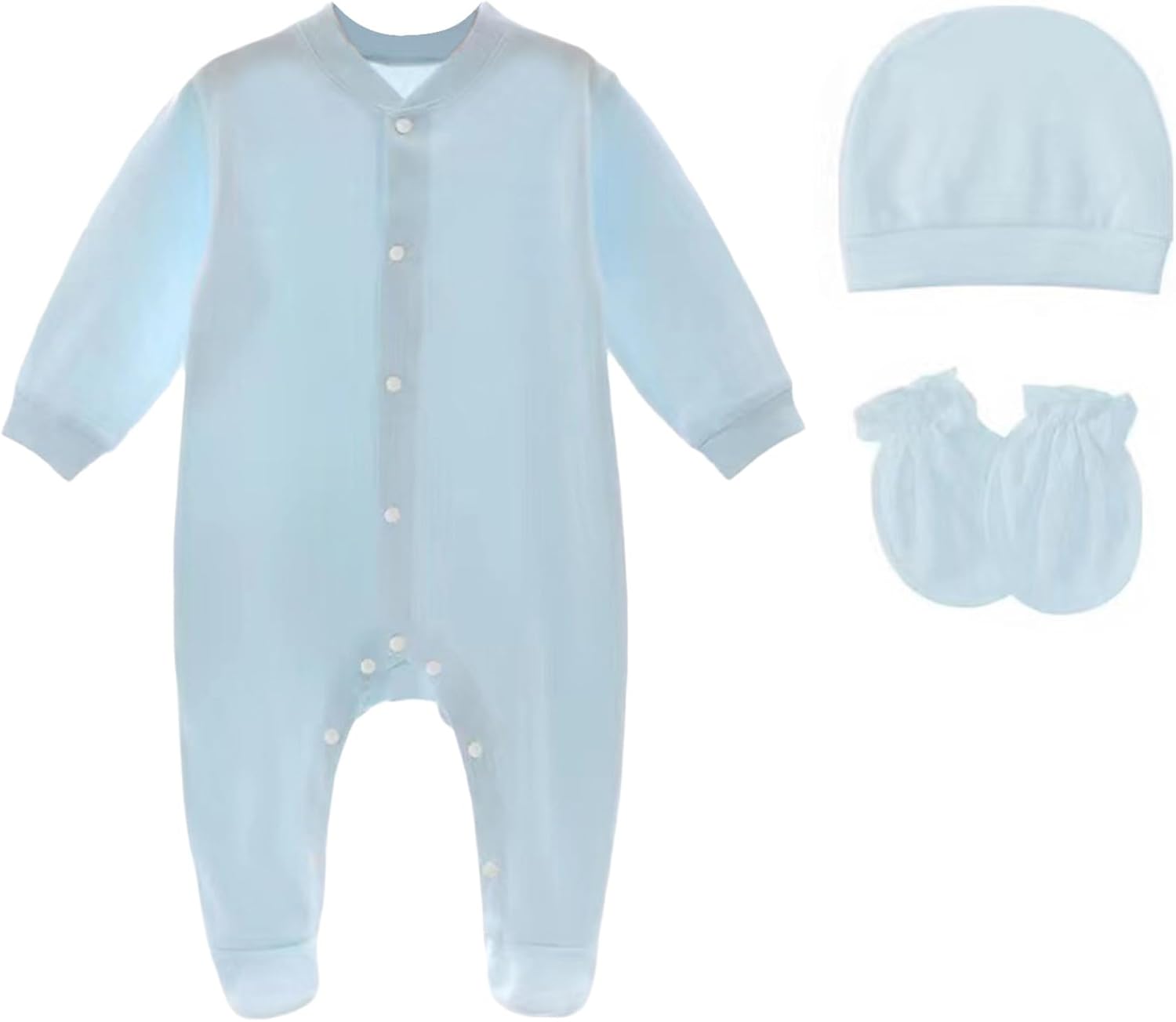 Sywiyi Unisex Newborn Clothes Baby Boys Girls Plain Footies with Hat and Mittens Layette Set