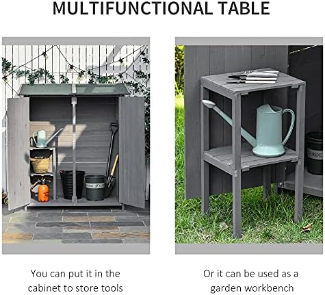 Outsunny Garden Wood Storage Shed w/ Flexible Table, Hooks and Ground Nails, Multifunction Lockable Sheds & Outdoor Asphalt Roof Tool Organizer, 139 x 75 x 160cm, Grey