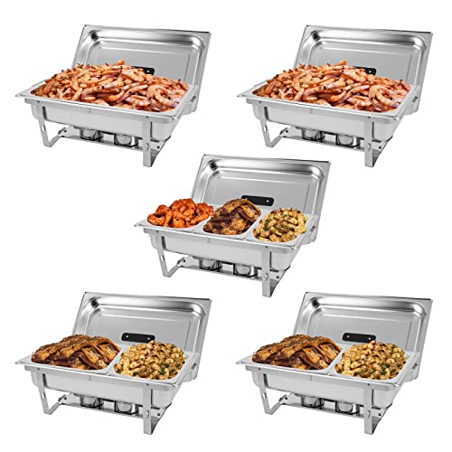 Restlrious Chafing Dish Buffet Set 8 Qt Stainless Steel Foldable Rectangular Chafers And Buffet Warmer Sets W/Full & Half & Third Size Food Pan, Water Pan, Fuel Holder For Event Catering, 5-Pack #TOP22