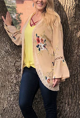 Womens Lace Kimono Cardigan Floral Loose Casual Open Front Shawl 3/4 Sleeve Blouse Tops (Khaki,M) #TOP5