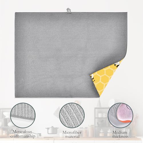 UIUPRO Yellow Bees Dish Drying Rack Mats Decor,Honey Honeycombs Dish Pad Drying Mat Kitchen Counter 18x24 Inch Absorbent Reversible Microfiber for Coffee Bar Sink Countertop by UIUPRO - Used condition - Image 4