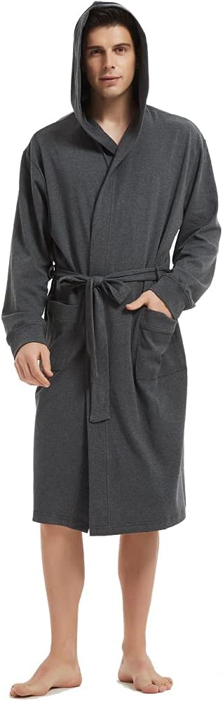 HOLOVE Men's Pure Cotton Bathrobe Lightweight Kimono and Hooded Spa Robes Soft Sleepwear
