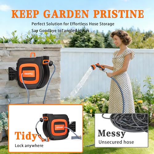 1/2 inch 100FT Retractable Garden Hose Reel, Handheld & Wall-mounted with Drainage Holes/10-Mode Spray Nozzle/Any Length Lock/180° Swivel Bracket for Watering Plants, Washing Car/Floor/Window (Orange) - Image 3