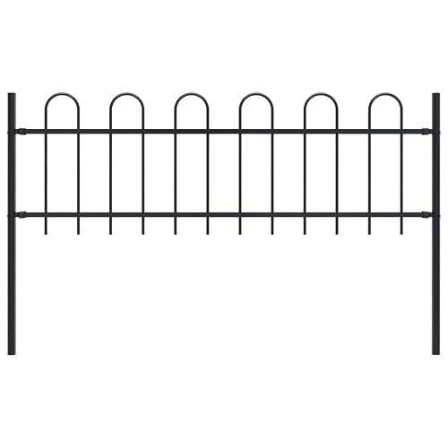 Garden Fence with Round Top Steel 5.5ft Black Steel Anti-Rust