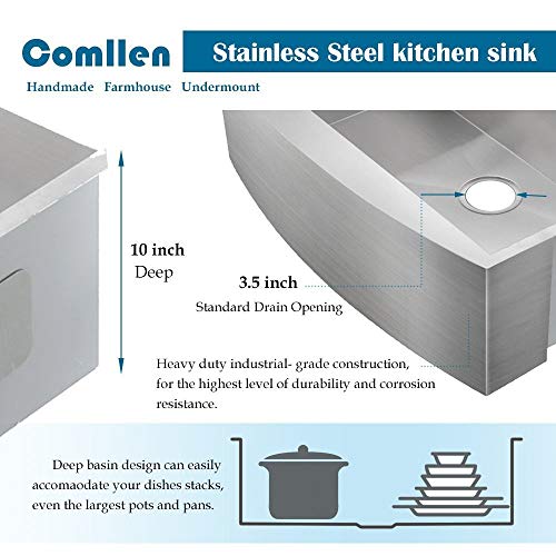 Comllen Commercial 33 Inch 304 Stainless Steel Farmhouse Sink, Single Bowl Kitchen Sink 16 Gauge 10 Inch Deep Handmade Undermount Kitchen Apron Sink Farm Sink - Thumbnail 3