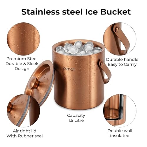 Image of O' Holic by Perch Ice Bucket Trio Stainless Steel - Double Wall Ice Bucket 1.5 Litre with Lid, Ice Tongs & 30 /60 ml Jigger | Insulated Cocktail Barware for Home, Parties & Gifting|Rose Gold