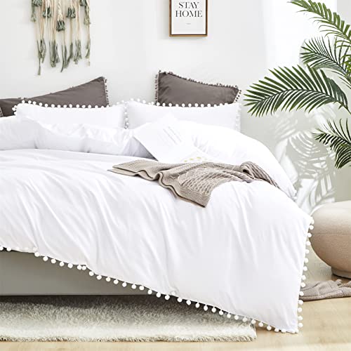 Karever White Pom Pom Comforter Queen Size Pom Pom Fringe Comforter 3 Pieces Soft White Boho Ball Pom Pom Queen Comforter Bedding Set Women Men Solid White Queen Bed Comforter For All Season As Gift #TOP2