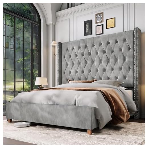 Jocisland California King Size Bed Frame with 61.4" Tall Headboard, Velvet Upholstered Wingback Platform Design, Handcrafted Pleats& Deep Button Tufted, Solid Wood Legs, No Box Spring Needed, Gray