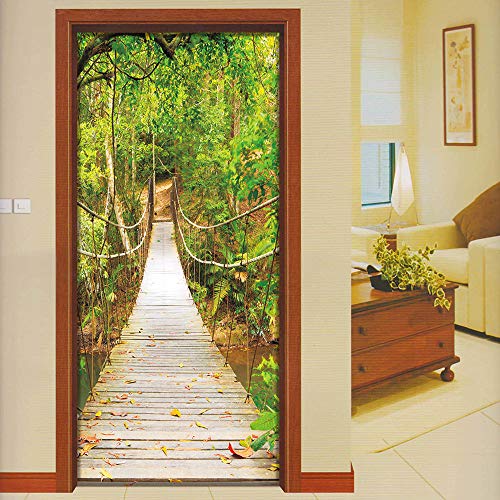 Norya shop 3D Suspension Wooden Bridge Door Murals Wallpaper Removable Self-Adhesive Murals for Bedroom House Door Living Bedroom Office Wall Stickers