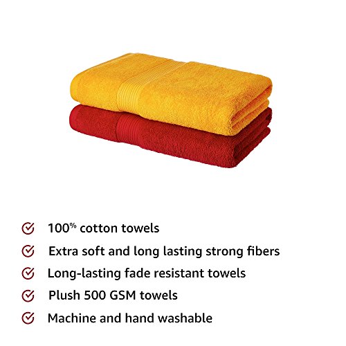 Image of Amazon Brand - Cotton 2 Piece Bath Towel Set, 500 GSM (Spanish Red and Sunshine Yellow) & Amazon Brand - Premium Anti-Slip Microfibre Bathmat - 60cm x 40cm, Light Taupe and Steel Grey, Pack of 2