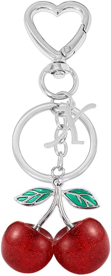 Heart-Shaped Keychain with Initial A-Z and Cherry Charm Bag Charms for Women,Car Accessories