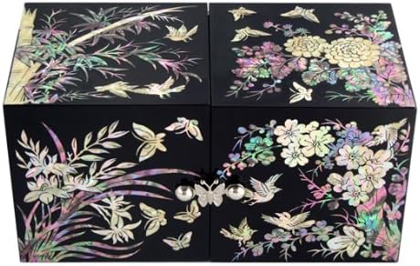 Mother of Pearl Inlay Art Four Noble Plant Flower Design Twin Cubic Lacquer Wooden Purple Secret Jewellery Trinket Keepsake Treasure Gift Box Case Chest Organizer