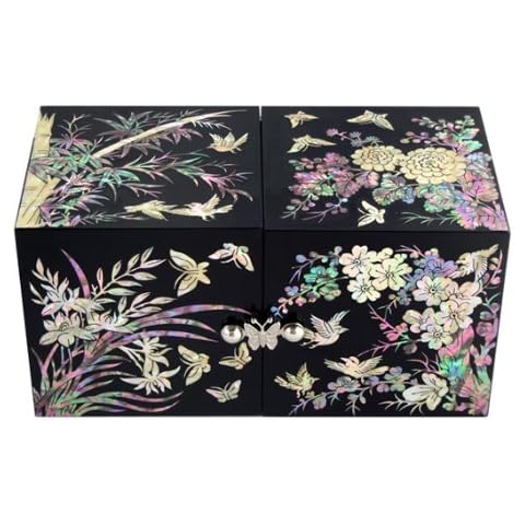 Mother of Pearl Inlay Art Four Noble Plant Flower Design Twin Cubic Lacquer Wooden Purple Secret Jewellery Trinket Keepsake Treasure Gift Box Case Chest Organizer Cover