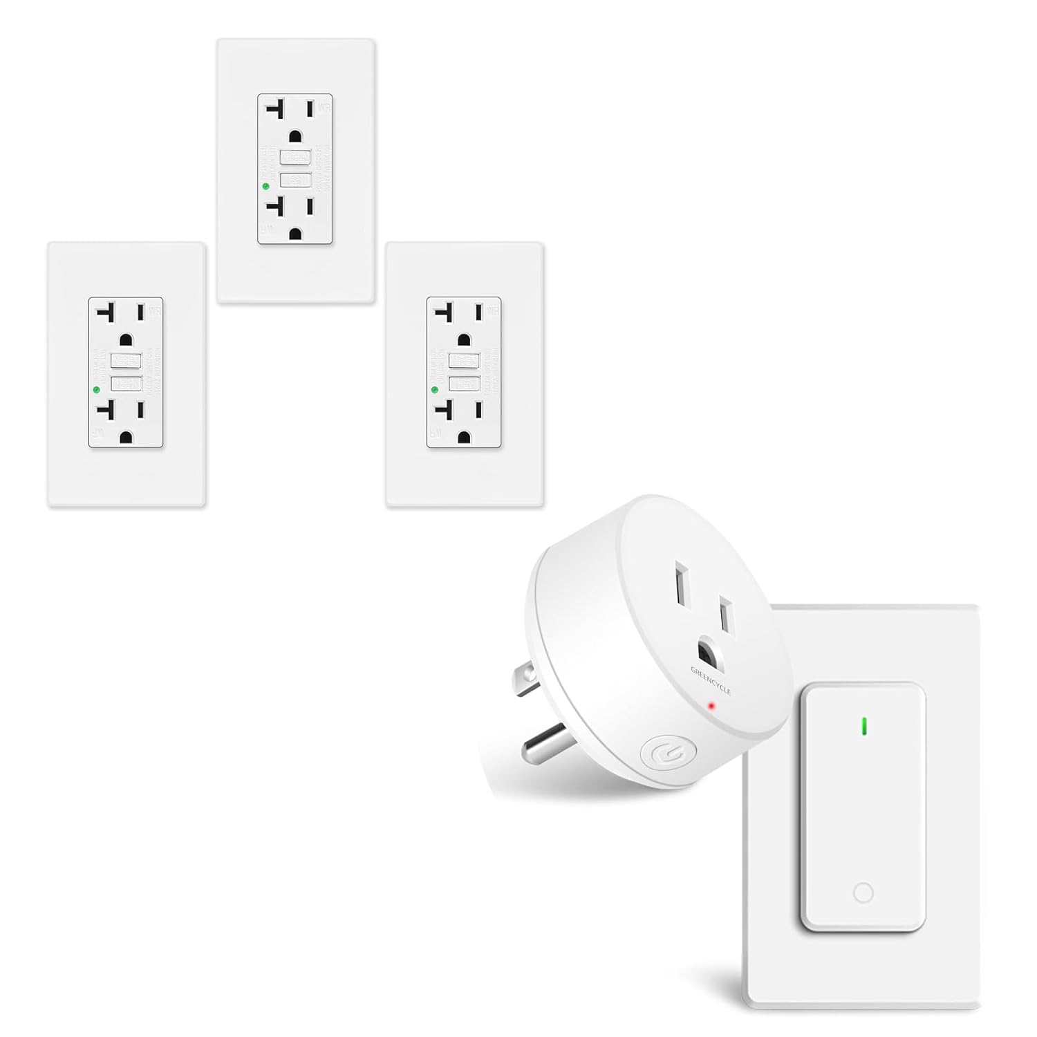 Remote Control Outlet+GFCI Outlet 20 Amp Non Tamper Resistant,Greencycle 3Pack Gfi Electrical Outlet 20A with Led Indicator,Electric GFCI Receptacle with Screwless Wall Plates,GFCI Plug ETL Listed,Ind