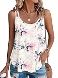 WNEEDU Camisetas sin Mangas de Verano para Mujer Chalecos sin Mangas para Mujer Top sin Mangas Loost Fit Camisas Casuales Chaleco Bordado con Ojales Blusas Cami Camisola Flor Blanca Rosa 2XL