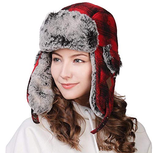 BZNOO Ushanka Hombre Gorro De Invierno para Hombre, Gorro De Bombardero para Mujer, Estampado A Cuadros, Decoración Cálida, Tejido Cómodo, Cráneo Ruso, Rojo