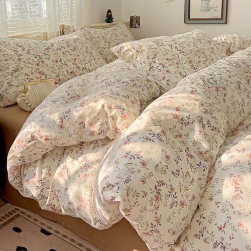 Bettwäsche 135x200 Blumen Beige Braun Blümchen Muster und Kissenbezug 80x80 | Bettwäsche Set, Vintage Blumenwiese Blumenmuster, Botanisch Pflanzenmuster, Aesthetic, Microfaser, Rei