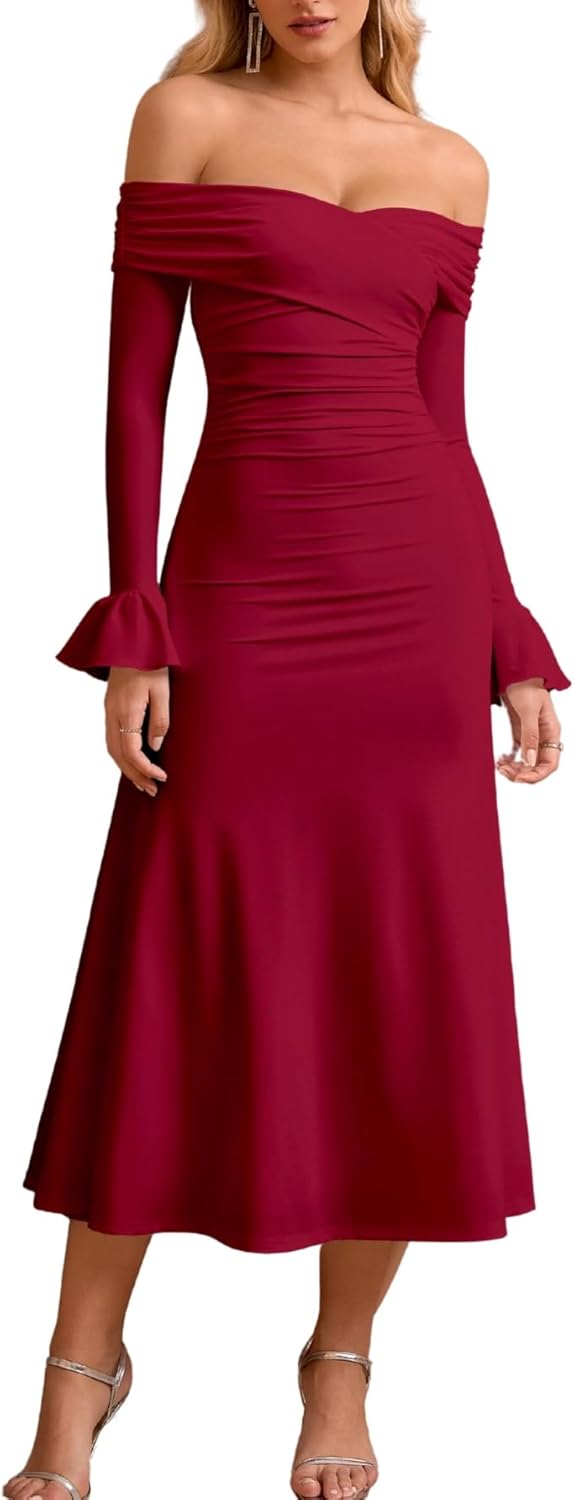 Off Shoulder Long Sleeve Ruched Midi A Line Wedding Guest Dress Elegant Cocktail Party Dress