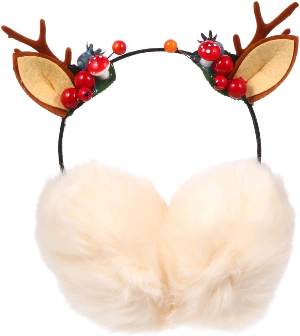 Christmas Earmuffs for Women, Winter Antler Headband with Cute Cat Ears, Warm Soft Fleece Ear Muffs, Reindeer Style Headwear for Outdoor Cold Weather