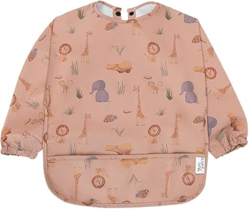 Yum Yum's Baby Coverall Silicone Weaning Bib - Waterproof, Easy Clean & Comfortable - Long Sleeve Bib for 6-12 Months - Multi-Functional Toddler Apron for Mess-Free Feeding - Safari Animals in Pink
