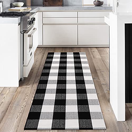 Kimode Black And White Buffalo Plaid Checkered Runner Rug 2' X 6', Farmhouse Cotton Woven Hallway Runner Rug Floor Mats,Washable Farmhouse Area Rug For Laundry Room/Entryway/Bathroom/Kitchen #TOP5