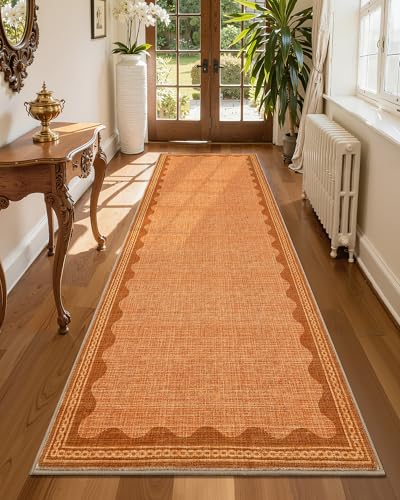GarveeHome Scalloped Orange 2.5x8 Runner Rug for Hallway Washable Kitchen Rugs Non Slip Solid Modern Soft Low-Pile Indoor Carpet for Entryway Laundry Room Floor Mats TPE Backing