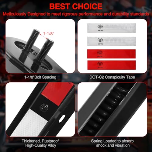 Image of Black Straight Spring Loaded Mud Flap Hanger with Reflective Strip Sticker Bracket Heavy Duty Mudflap Holder Set for Semi Trucks 1-1 /8 inch Bolt Spacing 29.5 inch Length 2pcs