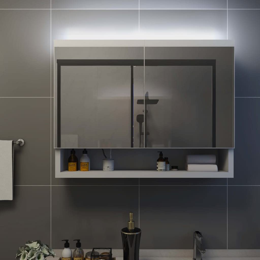 Szafka z lustrem kosmetycznym LED, biała, MDF, melamina, 80 x 15 x 60 cm, z przyłączem USB, 2 drzwi, 3 wkładane półki, światło LED do łazienki, umywalki, miejsce do przechowywania
