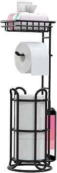 [Upgrade] Toilet Paper Holder Stand with Shelf Tissue Holders for Bathroom Free Standing Bath Tissue Roll Holder Magazine Rack for Mega Rolls/Phone/Wipe-Black