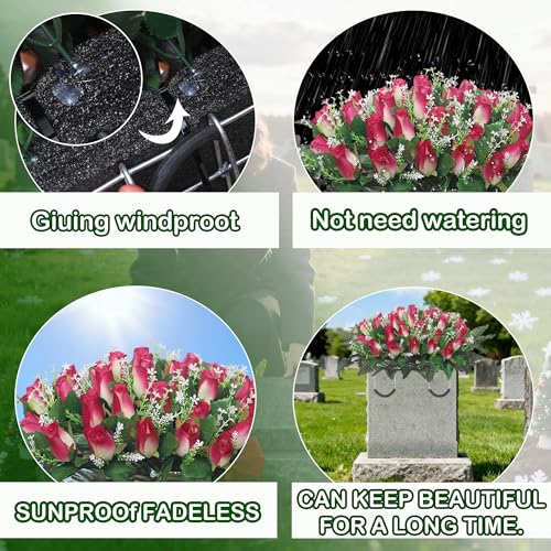Artificial Cemetery Flowers for Grave,Headstone Flower Saddle for Grave Tombstone Decorations (1, Rose Red) image 8