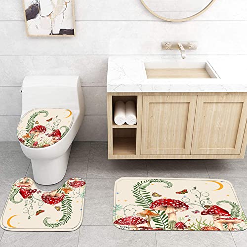 4Pcs Mushroom Butterfly Flower Shower Curtain Set With Non-Slip Rugs, Toilet Lid Cover And Bath Mat, Moon Stars Shower Curtain With 12 Hooks, Durable Waterproof Retro Bathroom Decor Set #TOP1