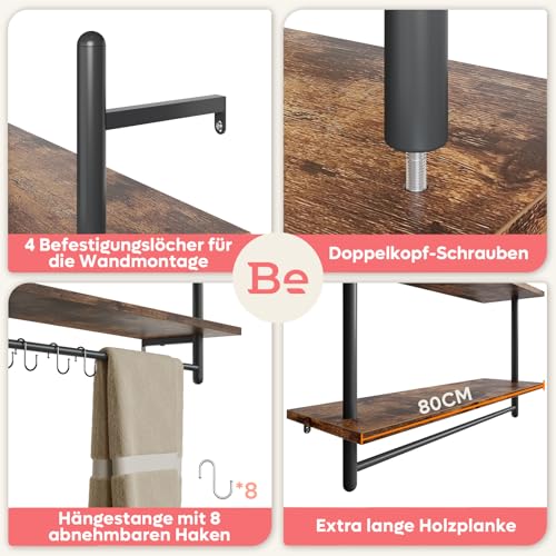 Bestier Industrial Pipe Wall Shelf, 80cm Floating Shelves with Towel Bar and Hooks, Rustic Wall-Mounted Storage Rack for Kitchen, Bathroom, Coffee Bar or Living Room (Rustic Brown) - Image 5