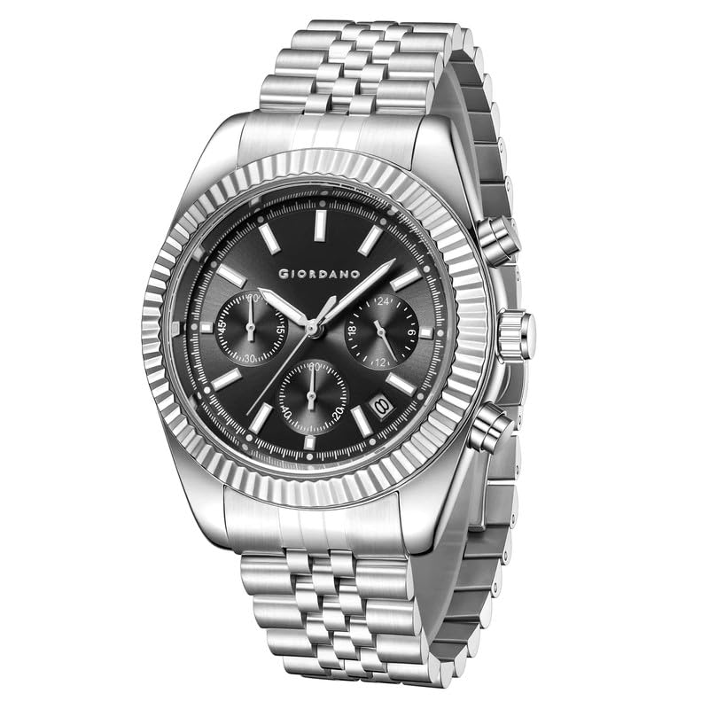 Image of GIORDANO Chronograph Analog Watch for Men - Textured Bezel, Luminous Index Markers, Stainless Steel Strap & Date Display