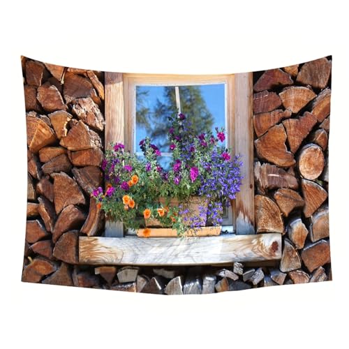 Tapiz colgante de pared con paisaje de madera y flores para dar un toque natural al salón 5