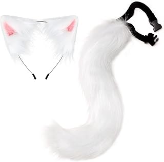 Katutude Fox Ears and Tail Cosplay Animal Costume Set Fluffy Faux Fur Fox Wolf Ears Headband Long Tail Fancy Dress