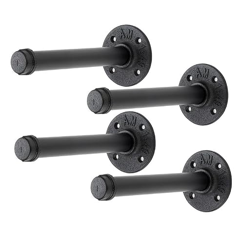 6 Inch Black Industrial Pipe Floating Clothing Rack Wall Mounted, 4 Pack