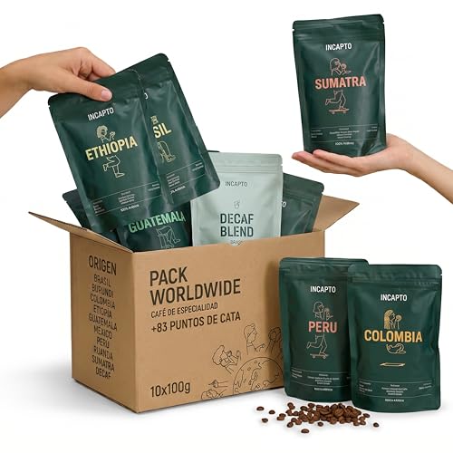 Incapto Pack Café Degustación de 10 Cafés del Mundo | Café de Especialidad - Specialty Coffee | Arábica 100% | Tueste Natural y Artesanal | Ideal para Regalar café | 10 paquetes de 100g