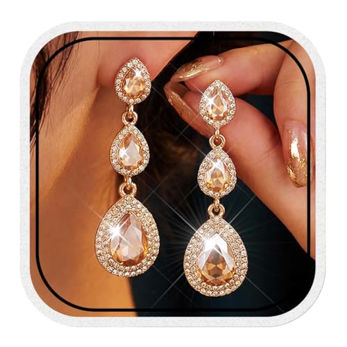 Catery Long Rhinestone Earrings Teardrop Wedding Earrings Dangling for Women (Champagne)