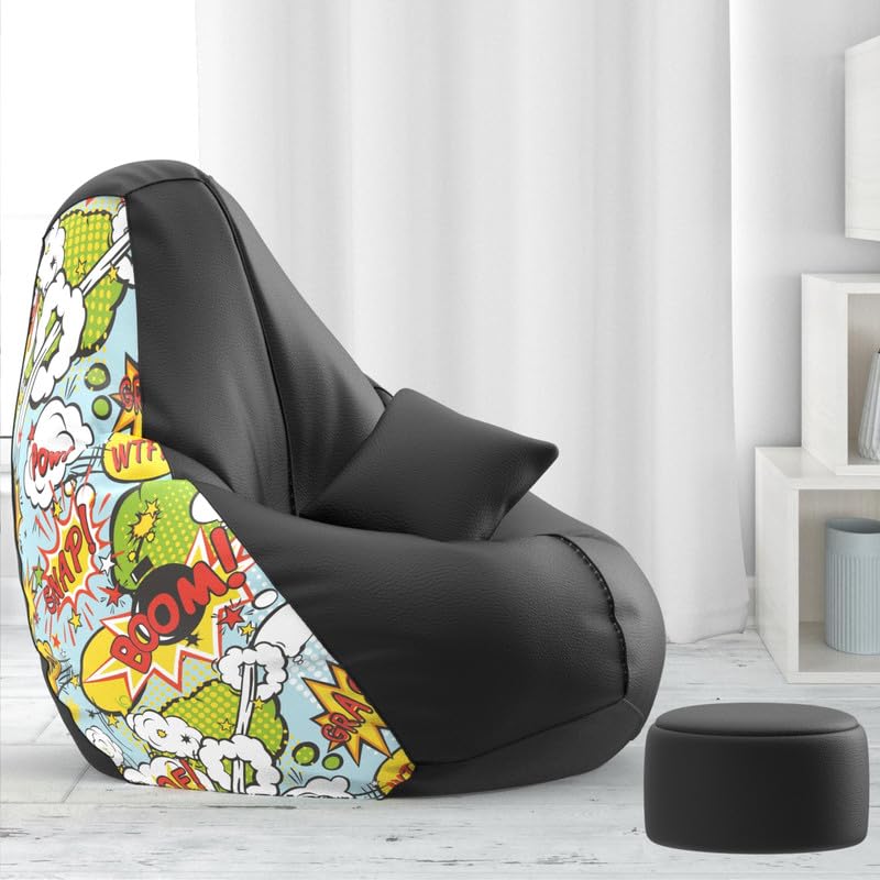 Biggie Bean Bag Chair Cover 4XL Evergreen Classics Bean Bag-Loud Prints-Soft Landings-Styled with Free Cushion & Footrest (Matching Color : Printed Boom Bam - H - Black Green)-image-35