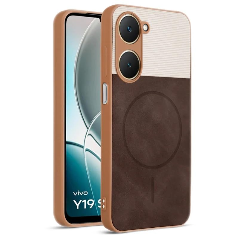 Image of Bintage case Macc-Safe Design Hard Light Weight Back Case | Soft Border Camera Protect | Dual PU Leather Finish Back Cover Compatible for Vivo Y28e 5G / Vivo Y18t - White & Cherry Brown