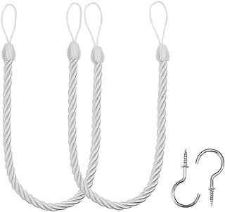 BEL AVENIR Curtain Ropes Tiebacks Tie-Backs, Curtain Handmade Holdbacks with 2 Metal Screw Hooks - White 2 Pack - Buy now