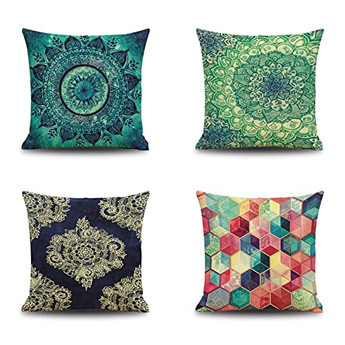 Image of Lieson Pillow Case Pack Of 4, Pillowcase 18x18 45x45CM Square Mandala Flowers Pattern Sofa Cushion Covers Green Multicolor, Linen