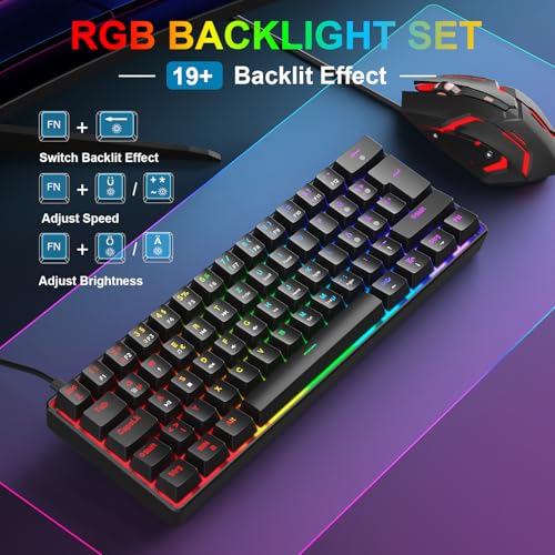 Rewurnth Gaming Tastatur und Maus Set, 60% QWERTZ Layout Mini Mechanische Tastatur mit RGB Beleuchtete, Red Switches, USB-C Kabelgebunden, 4 Farben LED Gaming Maus, Kompaktes Set für PC Mac Xbox PS5