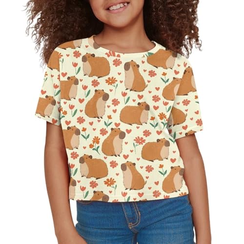 Image of Girls Crop Tees Crew Neck Casual Short Sleeve T Shirts Kids Loose Soft Comfortable Tees Blouses Shirt for Little Girl