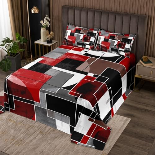 jejeloiu Boys Girls Red Black Geometry Quilted Coverlet Queen Size, Grey Plaid Coverlet Set Modern Art Bedspread Kids Teens Bedroom Decor with 2 Pillow Case