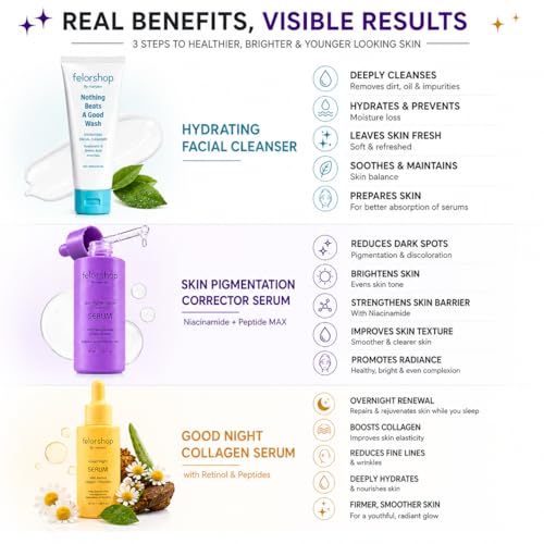 FelorShop Complete Skin Renewal Bundle – Hydrating Facial Cleanser, Dark Spot Corrector Serum & Retinol Collagen Night Serum | Brightening, Anti-Aging & Skin Repair Set - Skin Care Routine for Women image 4