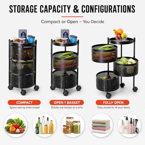 Image of Homeor 3 Layer Kitchen Trolley with Wheels | 360 Rotating Metal Storage Rack for Vegetables, Fruits, Onion & Spices | Round Multipurpose Kitchen Organizer Stand | Metal Kitchen Trolley, Matte Black