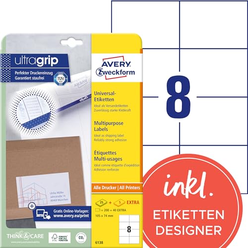 AVERY Zweckform 6138 Universal Etiketten (200 plus 40 Klebeetiketten extra, 105x74mm auf A4, Papier matt, individuell bedruckbar, selbstklebende Aufkleber mit ultragrip) 30 Blatt, weiß